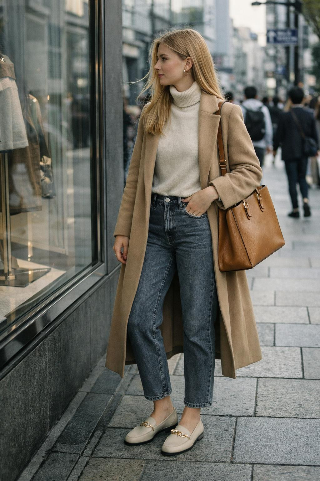 Grey jeans outfit with camel coat and beige loafers