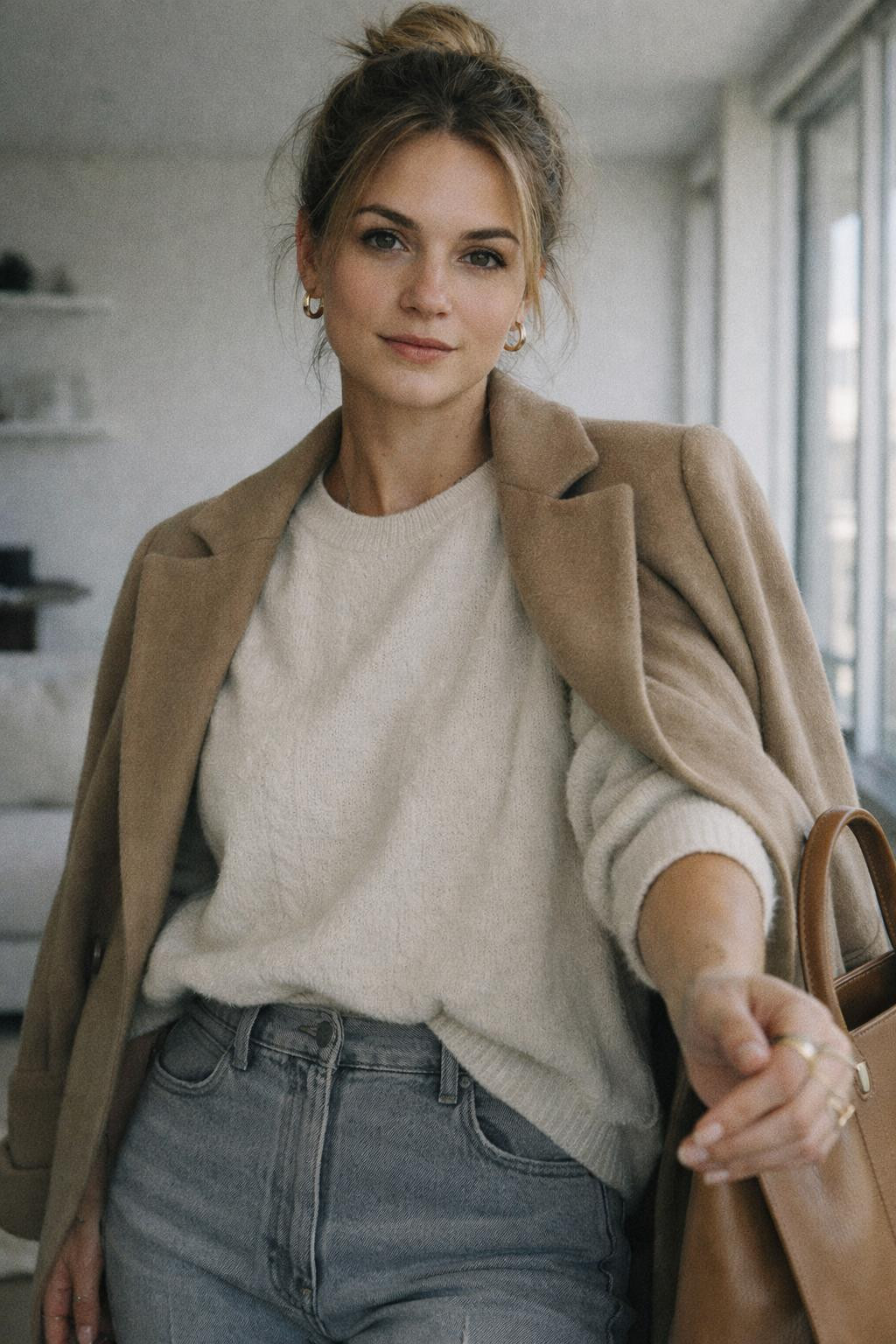 Grey jeans outfit with cream cashmere sweater and camel coat