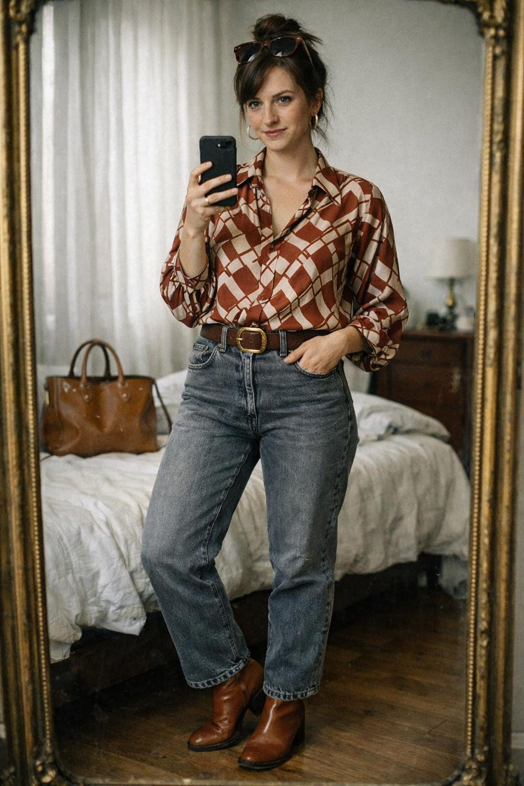 Grey jeans outfit with vintage rust printed blouse
