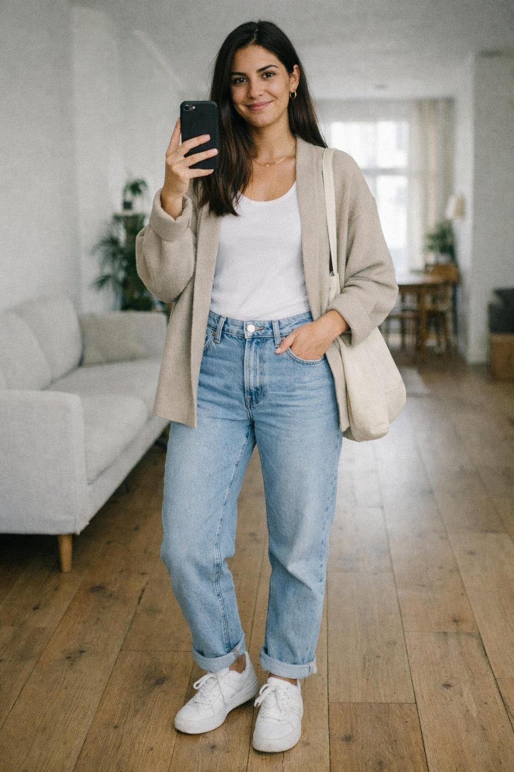 Mom jeans outfit styled with beige oversized cardigan