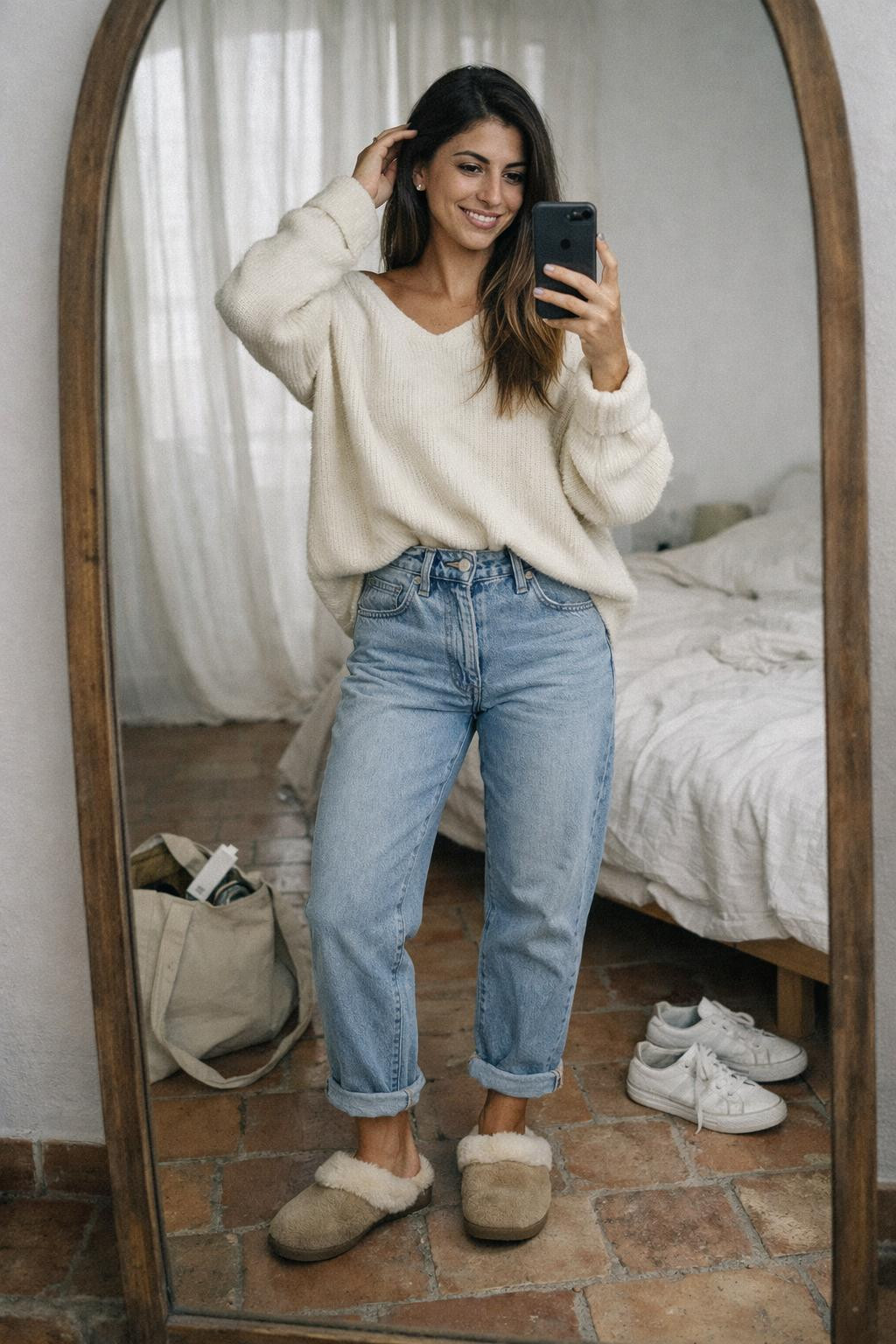 Mom jeans outfit featuring oversized cream cashmere sweater