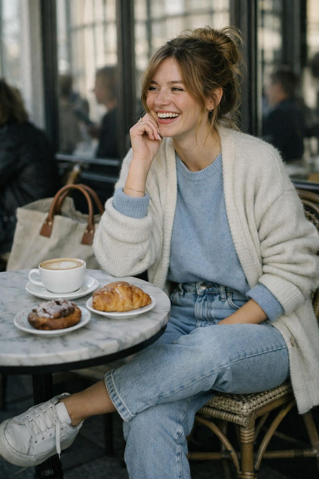 Mom jeans outfit with powder blue cashmere and cream cardigan