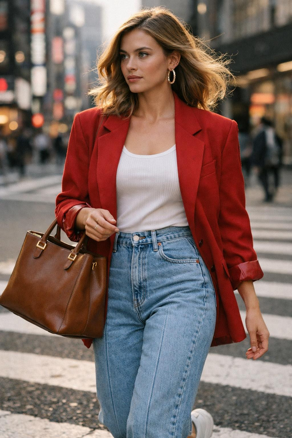 Mom jeans outfit featuring oversized red wool blazer