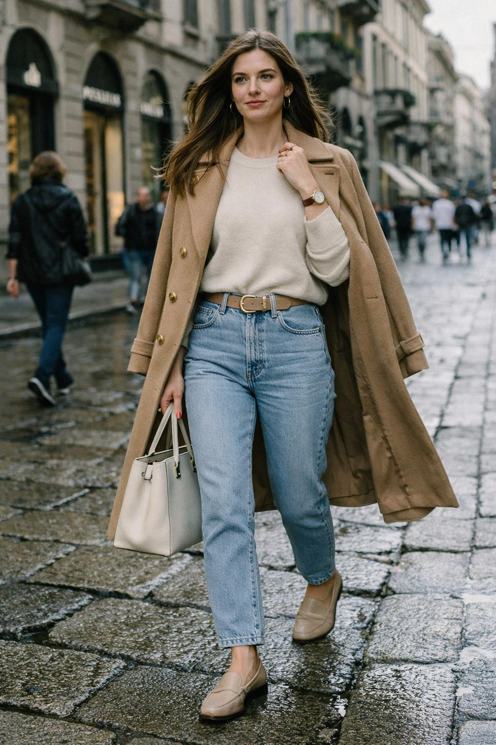 Mom jeans outfit featuring camel trench and cream cashmere