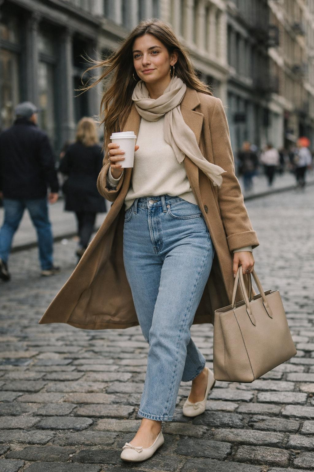 Mom jeans outfit with camel wool coat and cream sweater