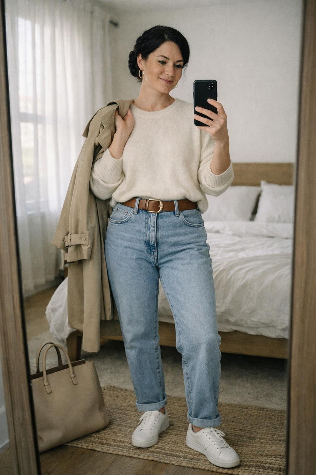 Mom jeans outfit styled with cream sweater and camel belt
