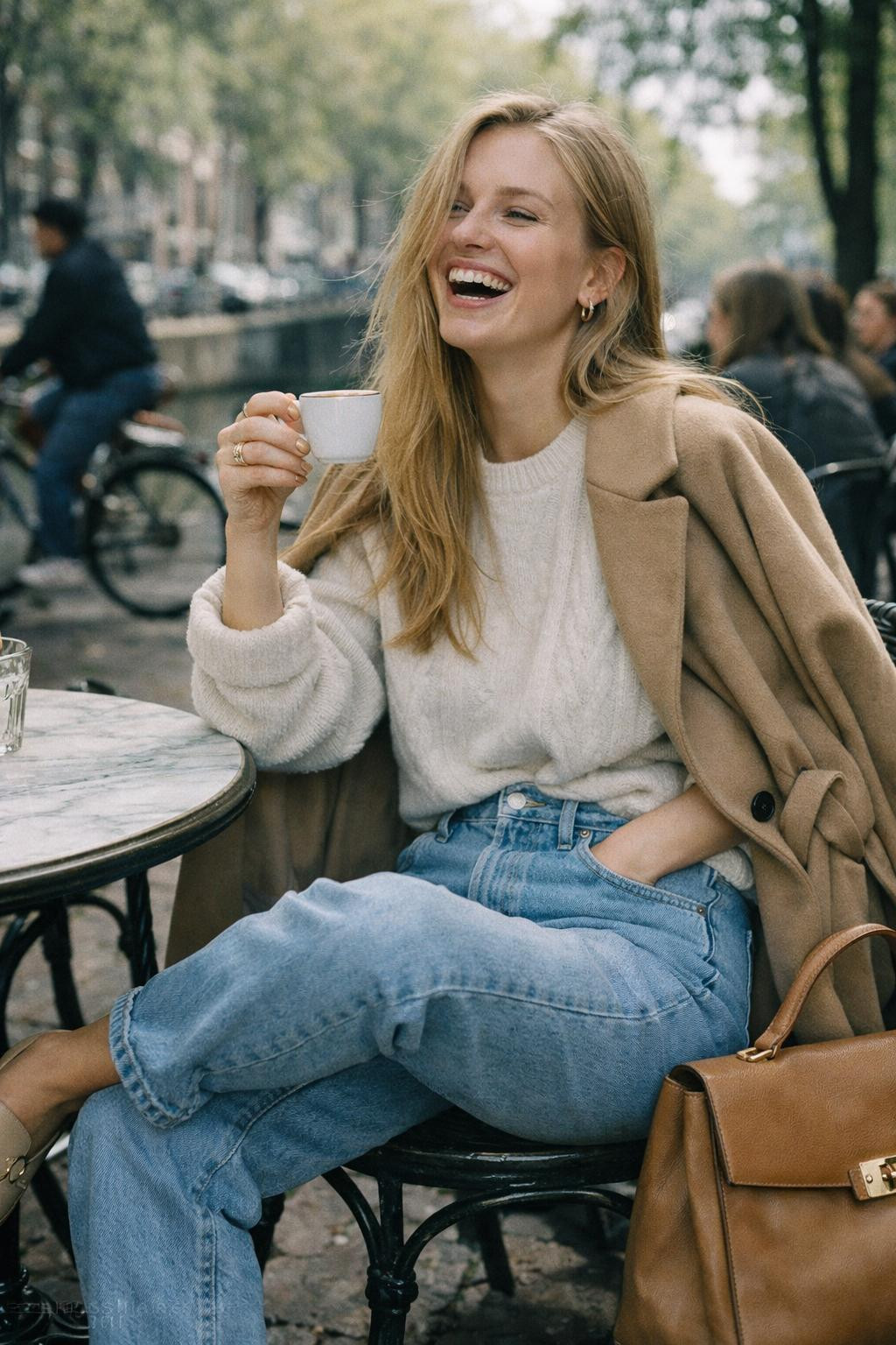 Mom jeans outfit featuring cream cashmere and camel trench