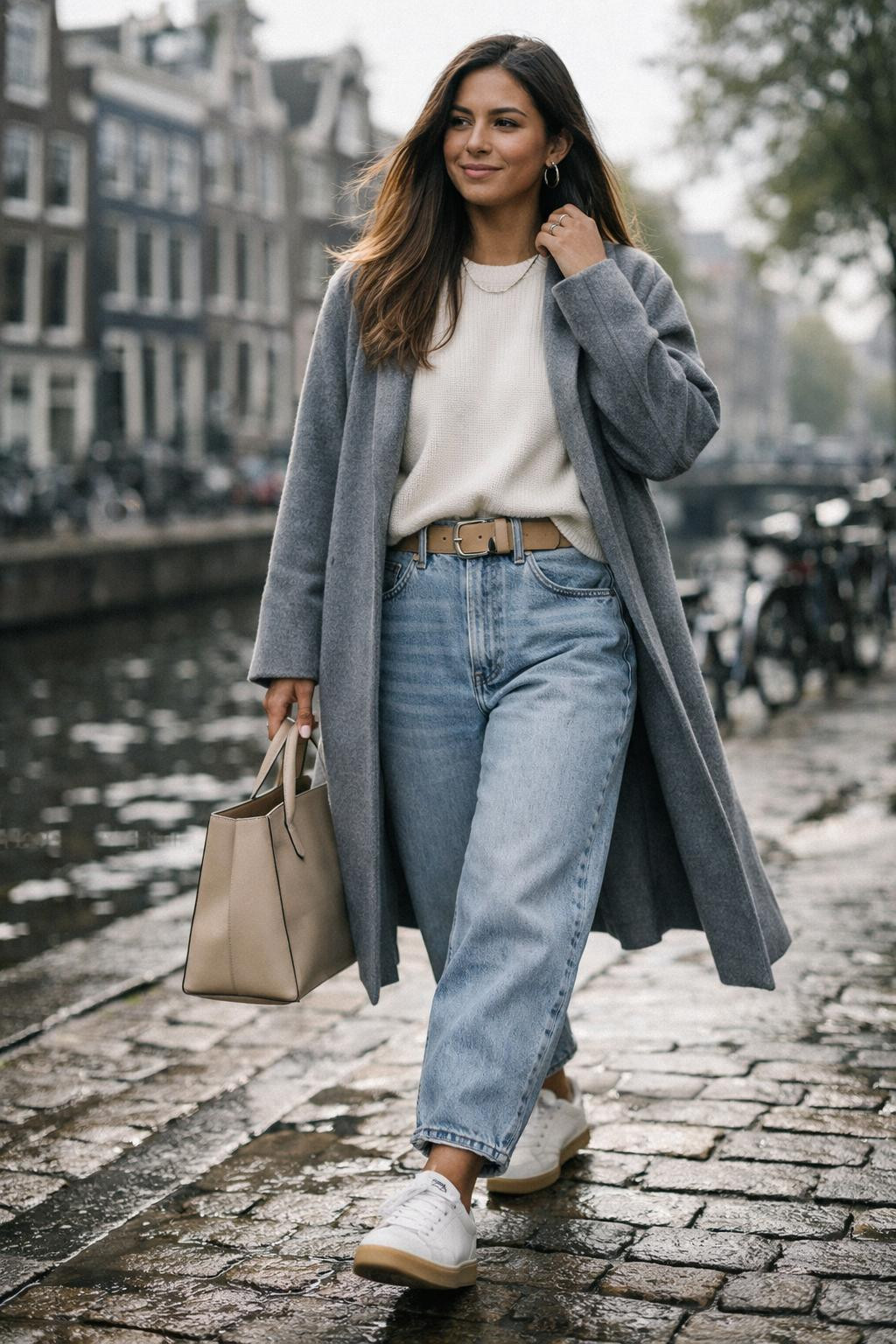 Barrel jeans outfit with light wash denim and grey wool coat