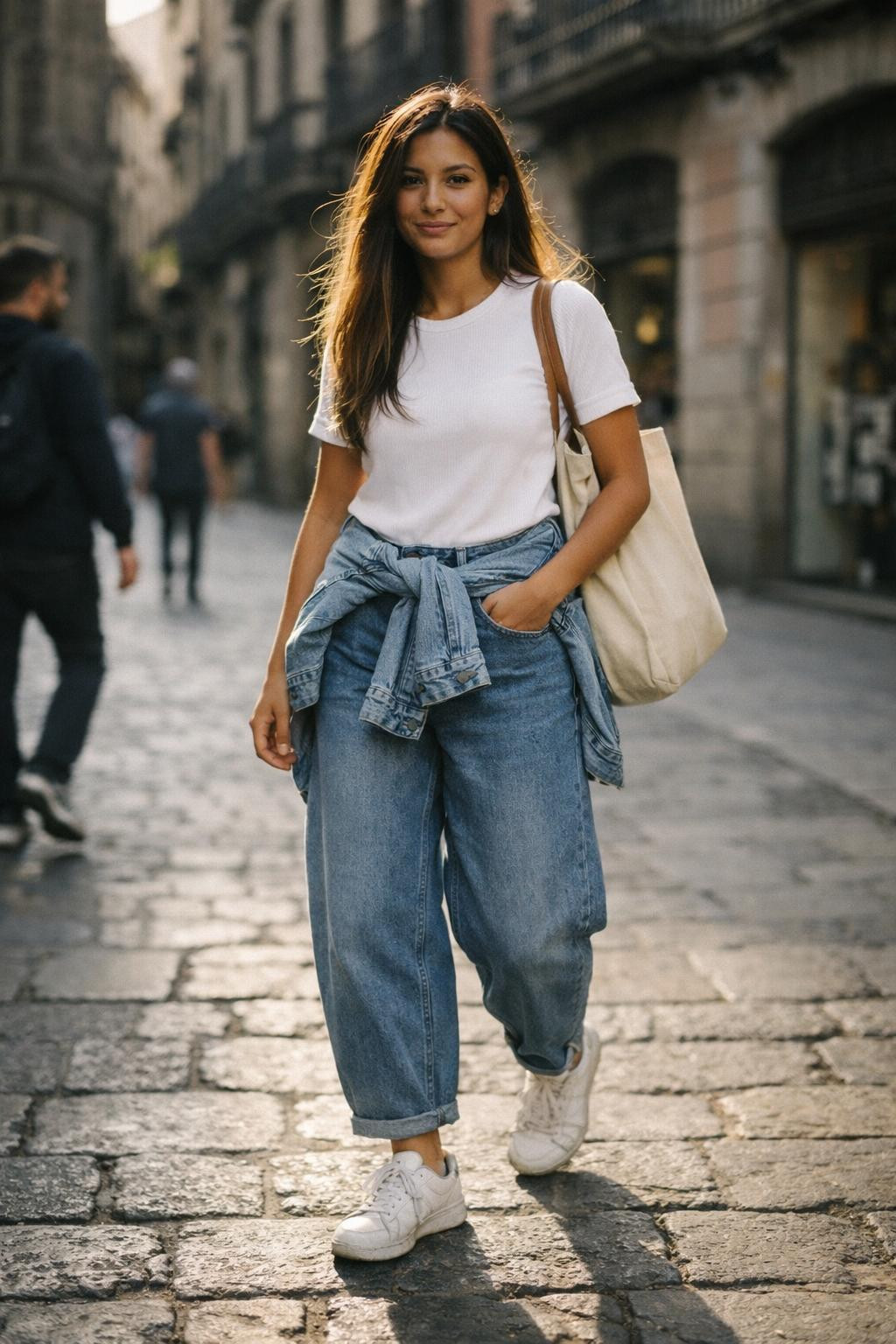 Barrel jeans outfit with medium wash denim and white ribbed tee