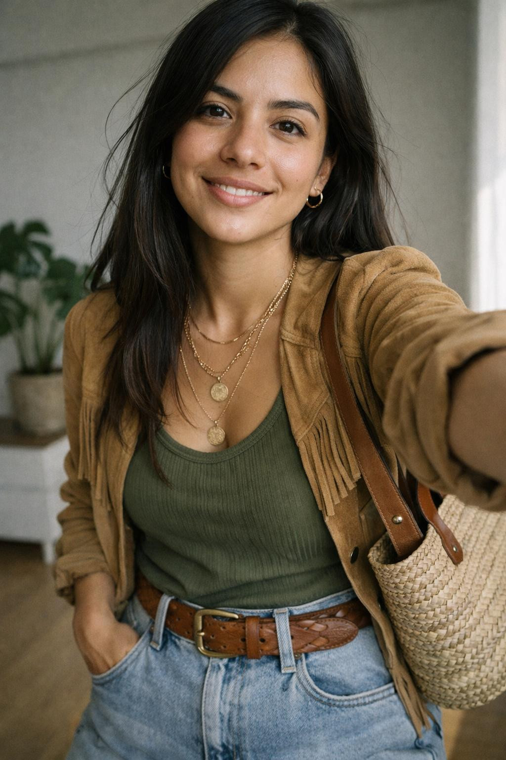 Barrel jeans outfit with light wash denim and tan suede jacket
