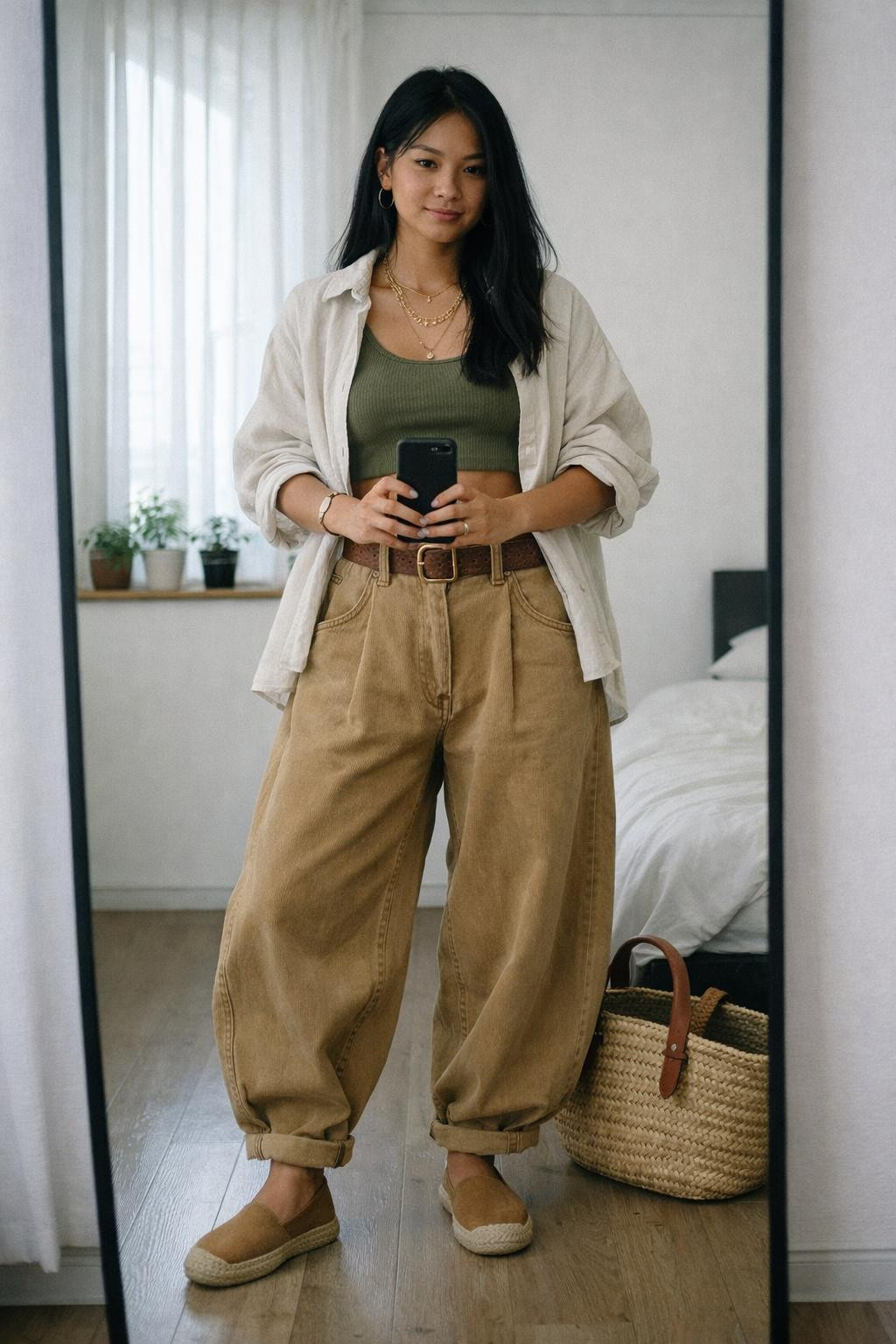 Barrel jeans outfit with tan denim and olive ribbed crop top