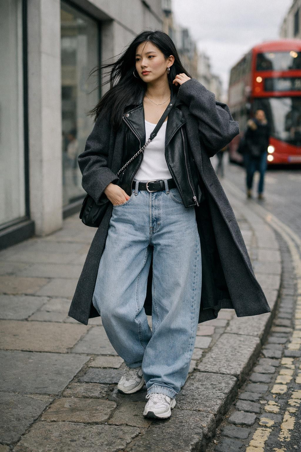 Barrel jeans outfit with light wash denim and black leather jacket