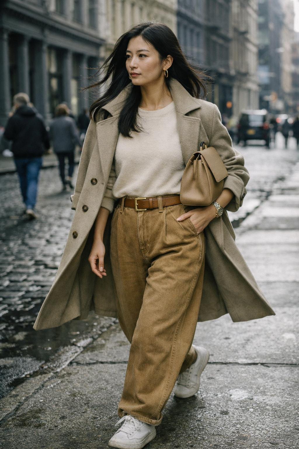 Barrel jeans outfit with camel denim and cream cashmere sweater