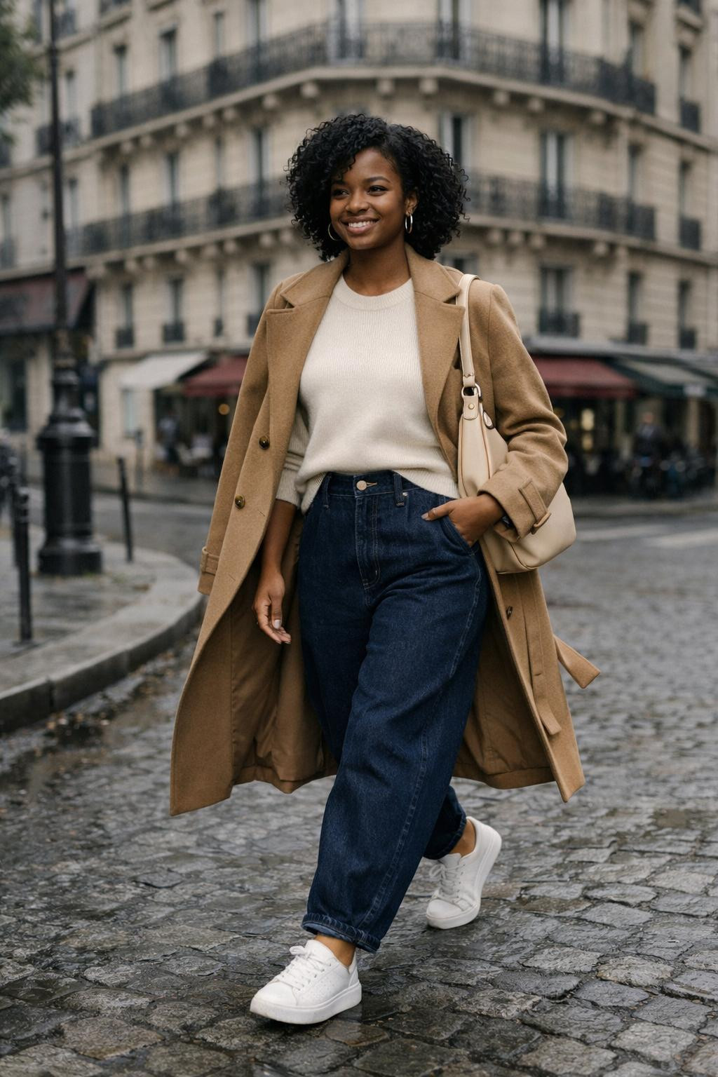 Barrel jeans outfit with dark indigo denim and cream cashmere sweater