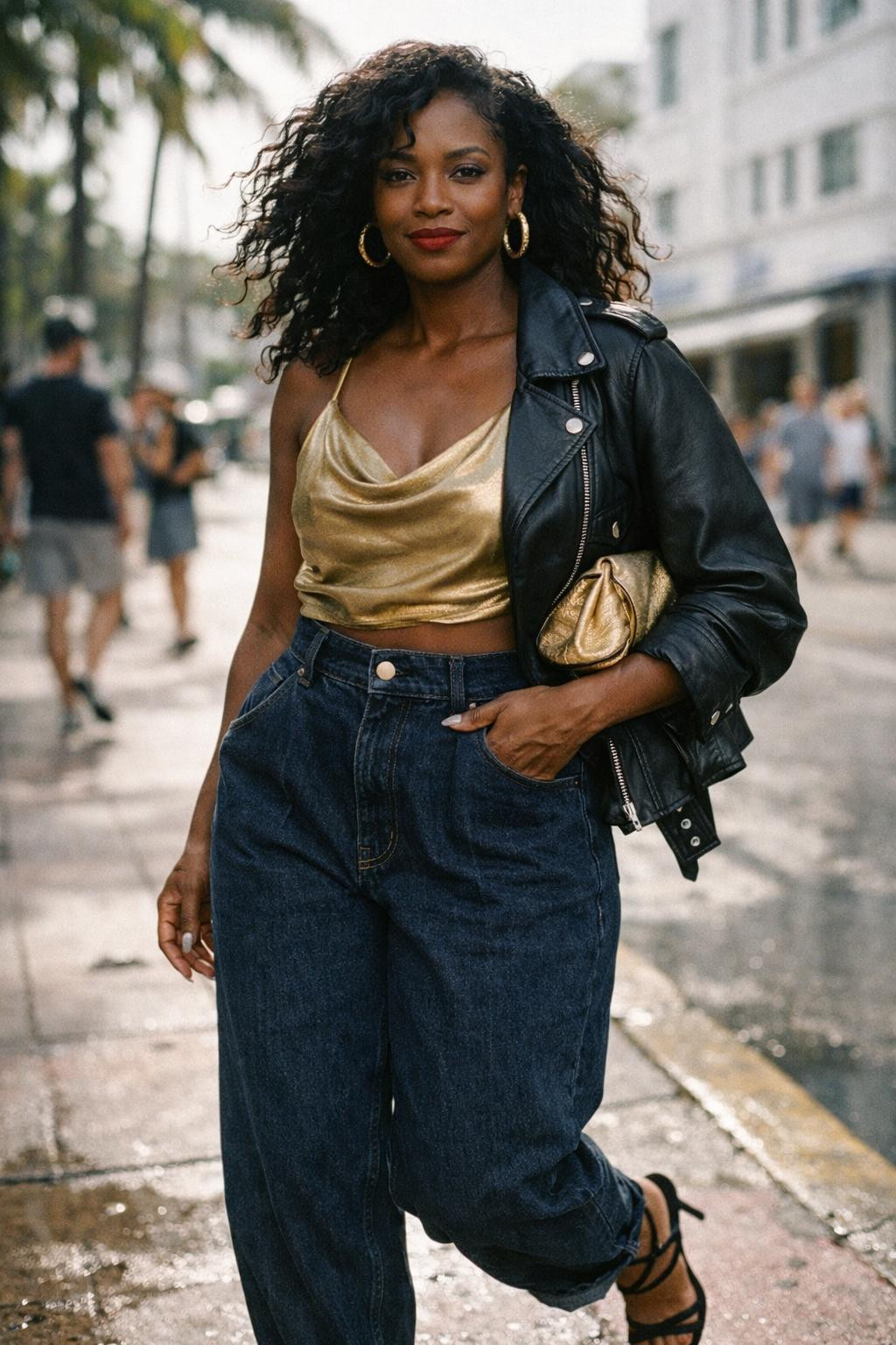 Barrel jeans outfit with dark indigo denim and metallic gold crop top