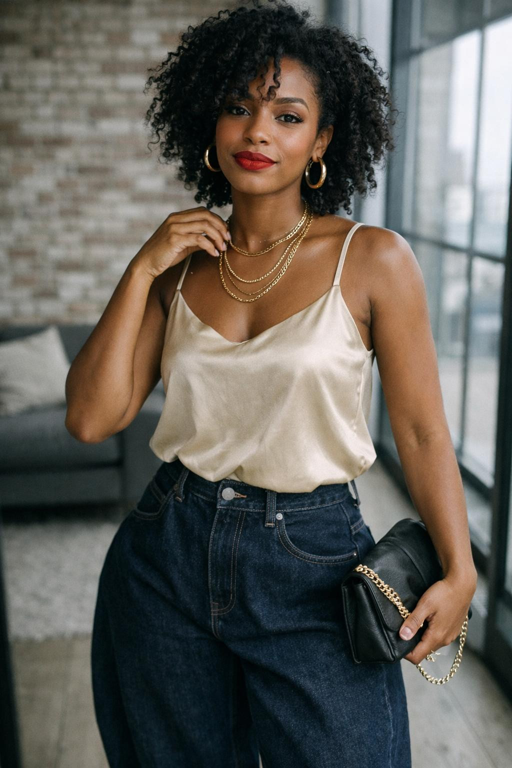 Barrel jeans outfit with dark indigo denim and champagne silk cami