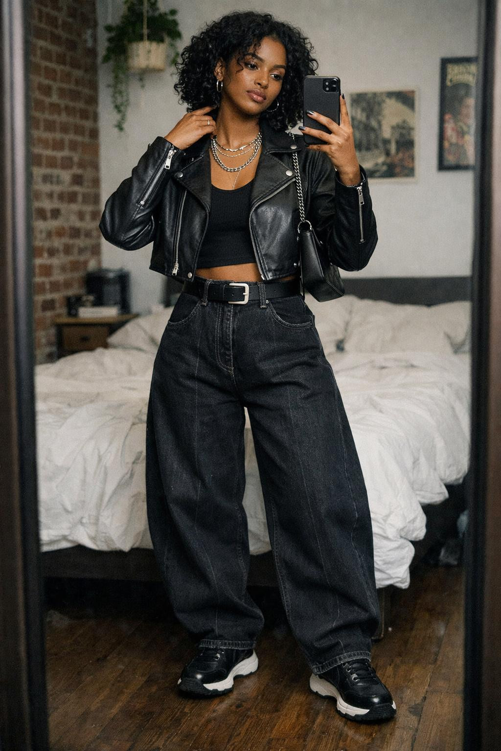 Barrel jeans outfit with black leather moto jacket