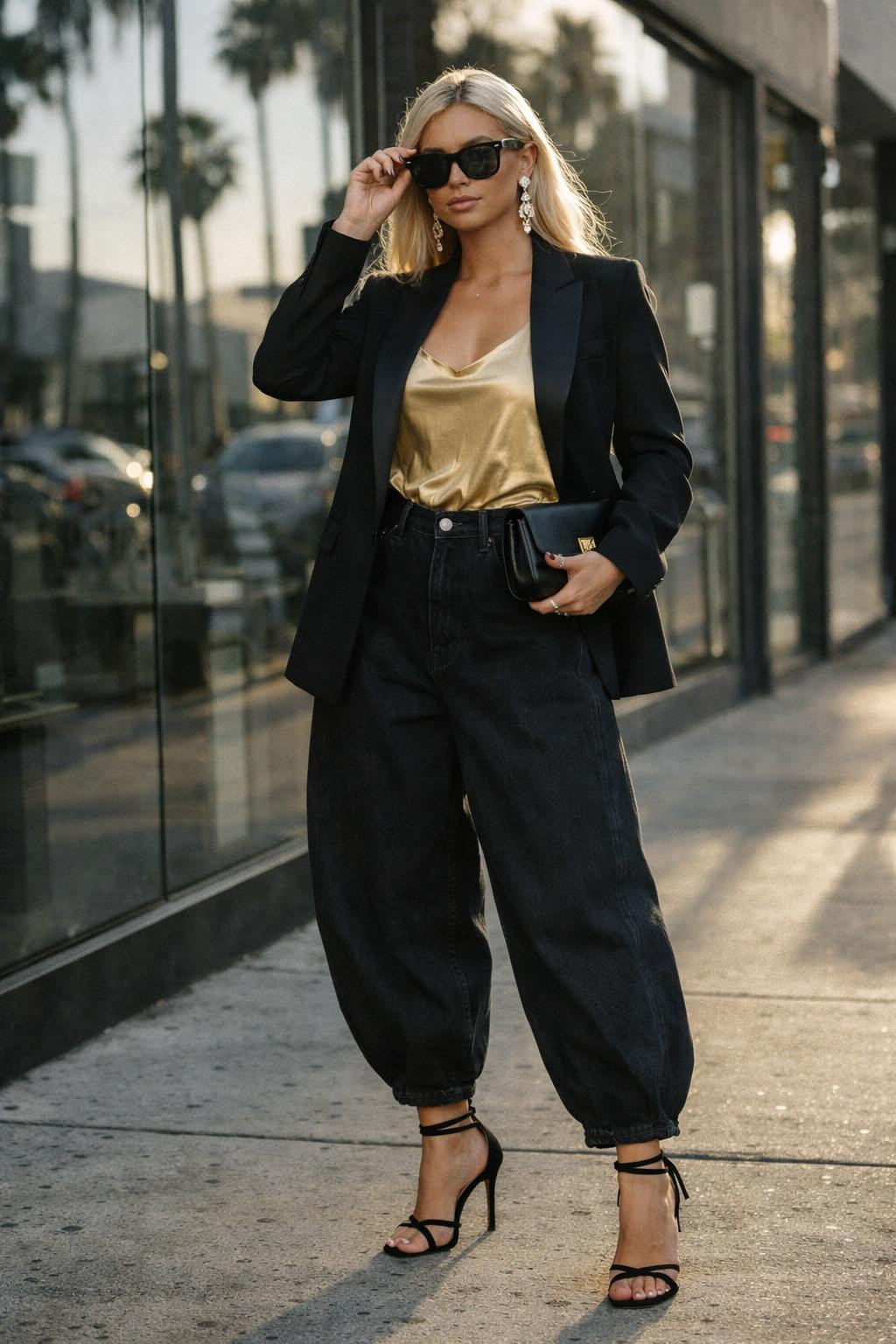 Barrel jeans outfit with black denim and gold silk camisole