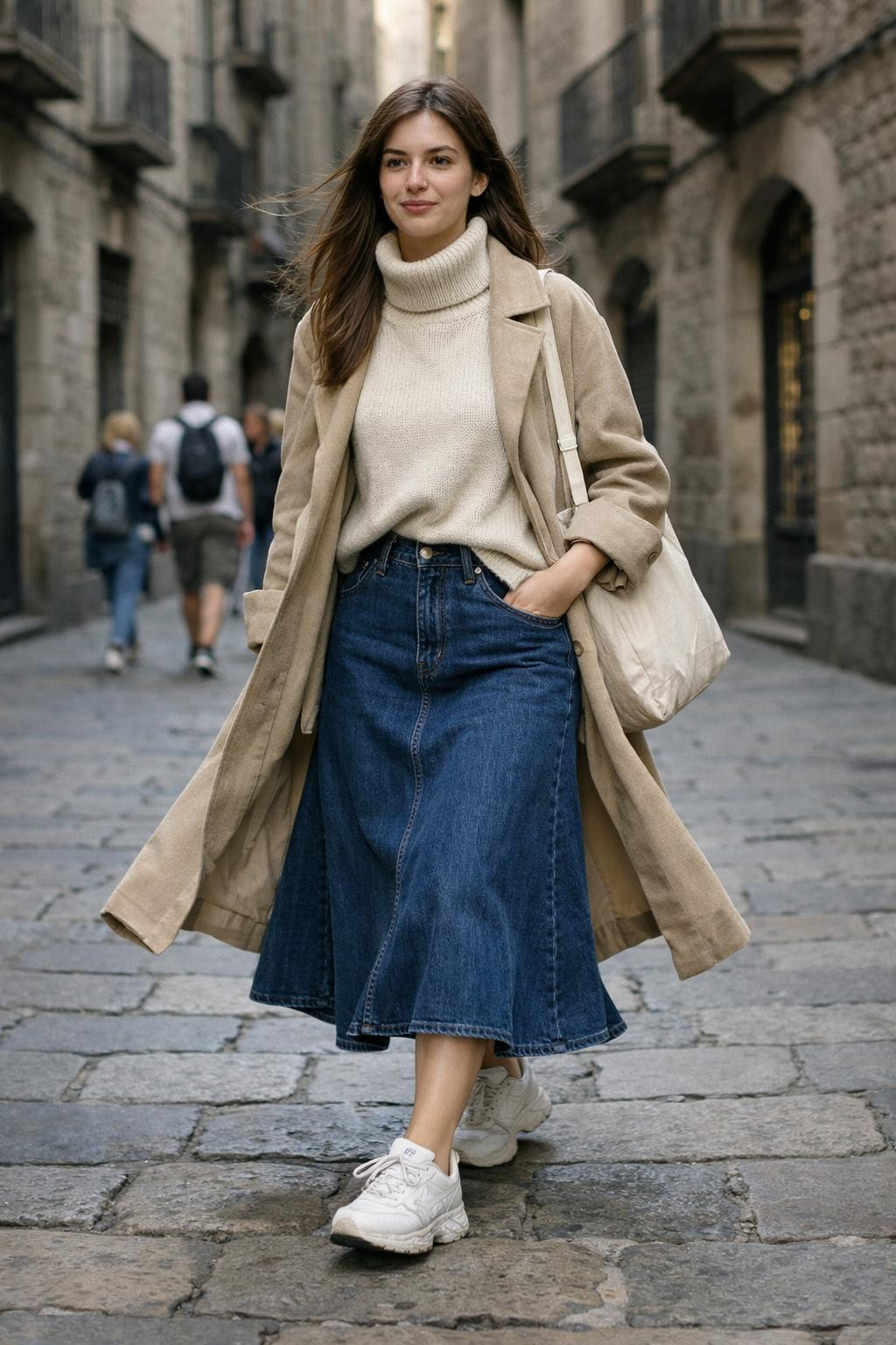 Jeans skirt outfit with mid-length indigo denim and cream sweater