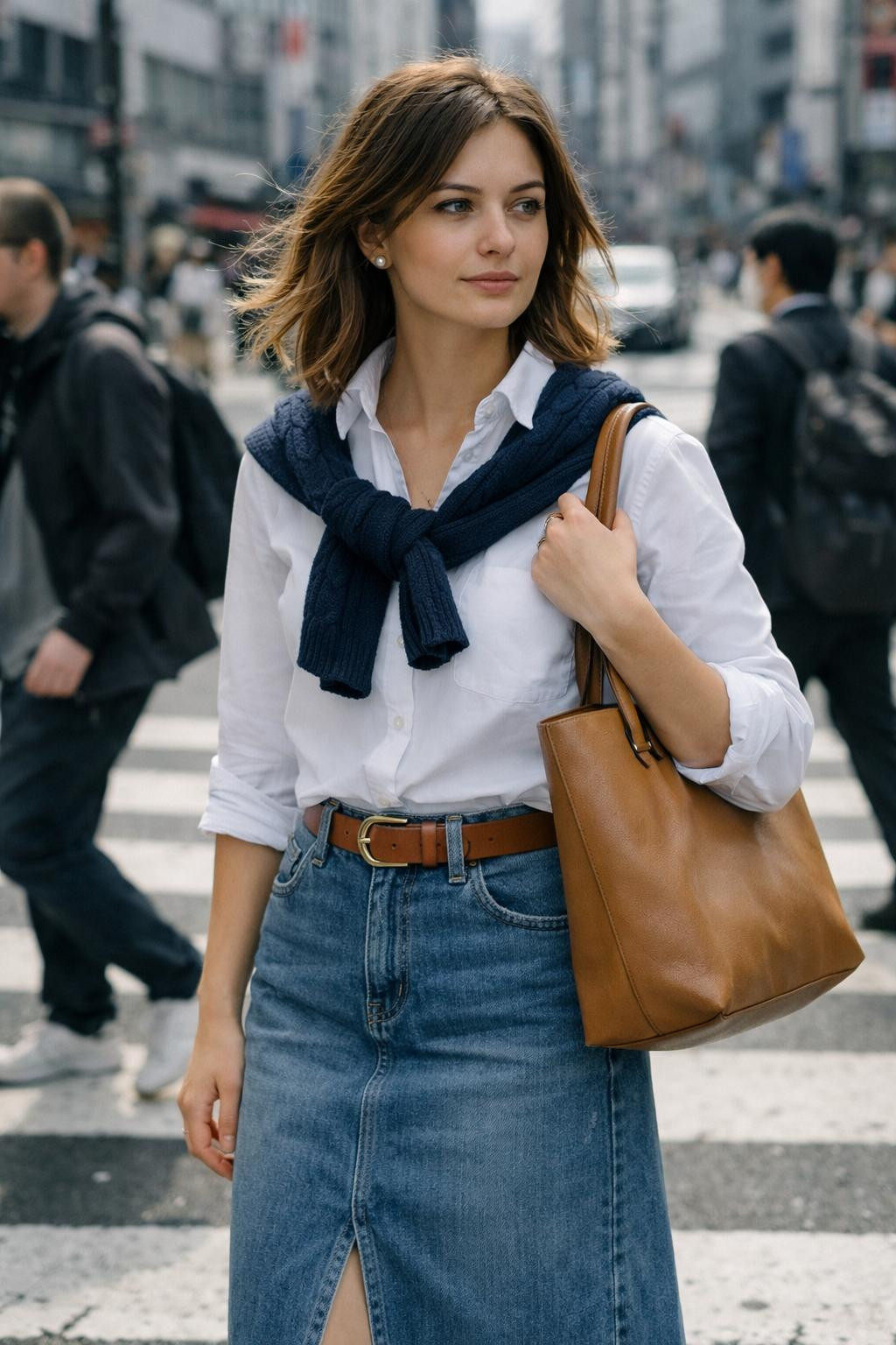 Jeans skirt outfit with denim midi and white button-down shirt