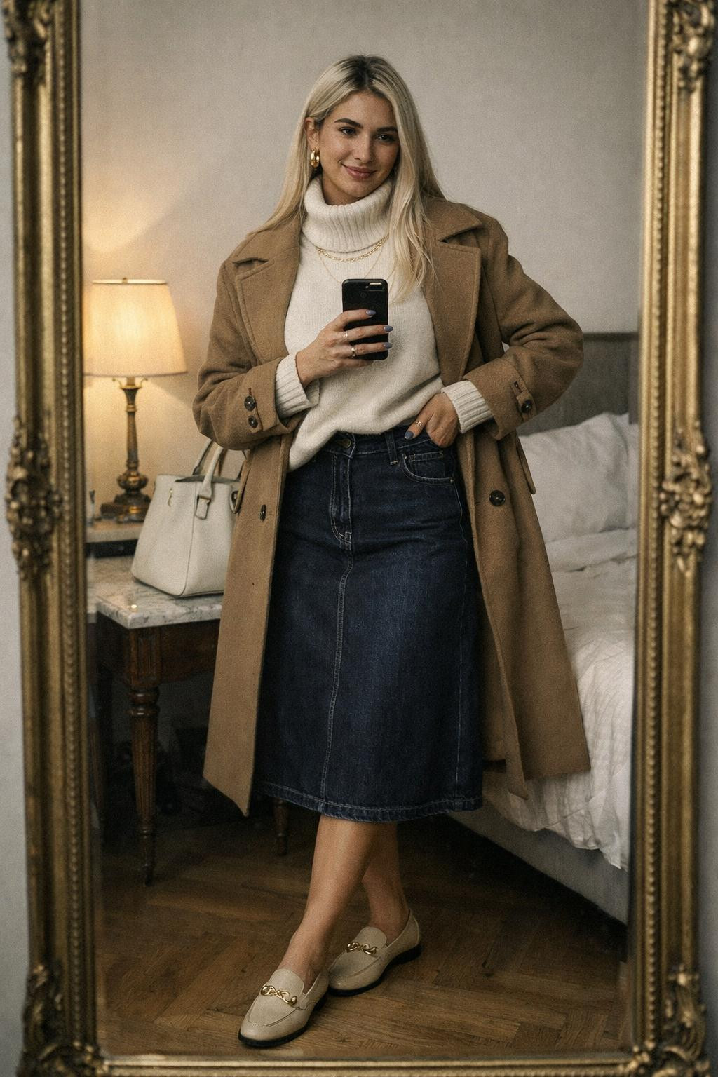 Jeans skirt outfit with dark wash midi and cream cashmere sweater