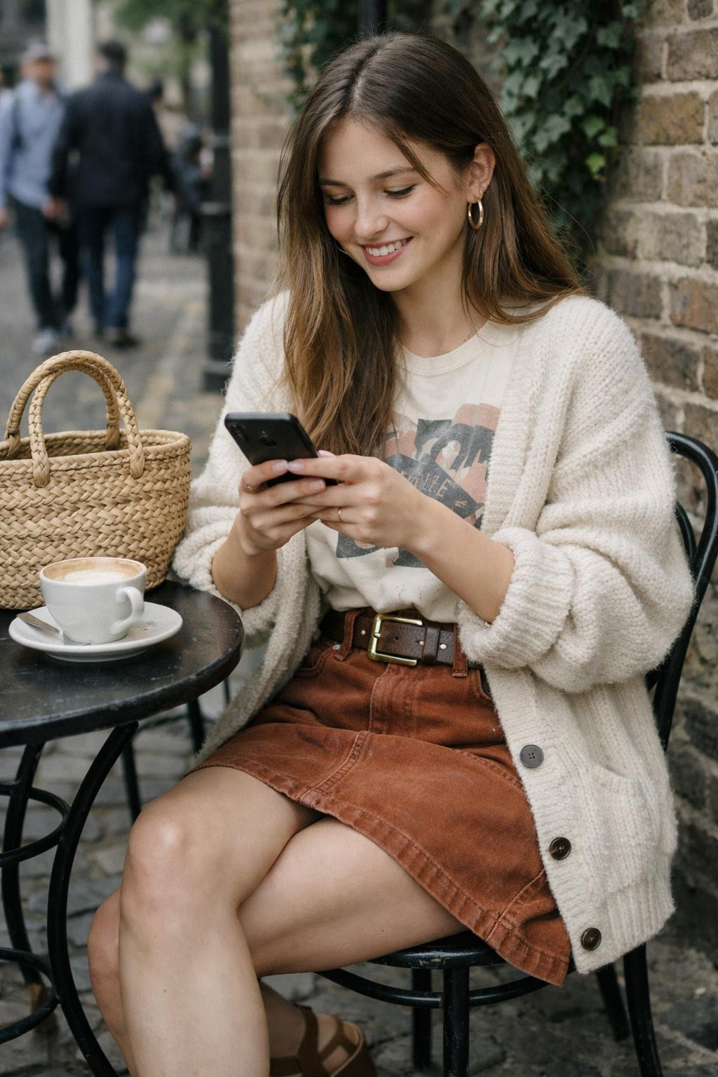 Jeans skirt outfit with rust-brown denim mini and cream cardigan
