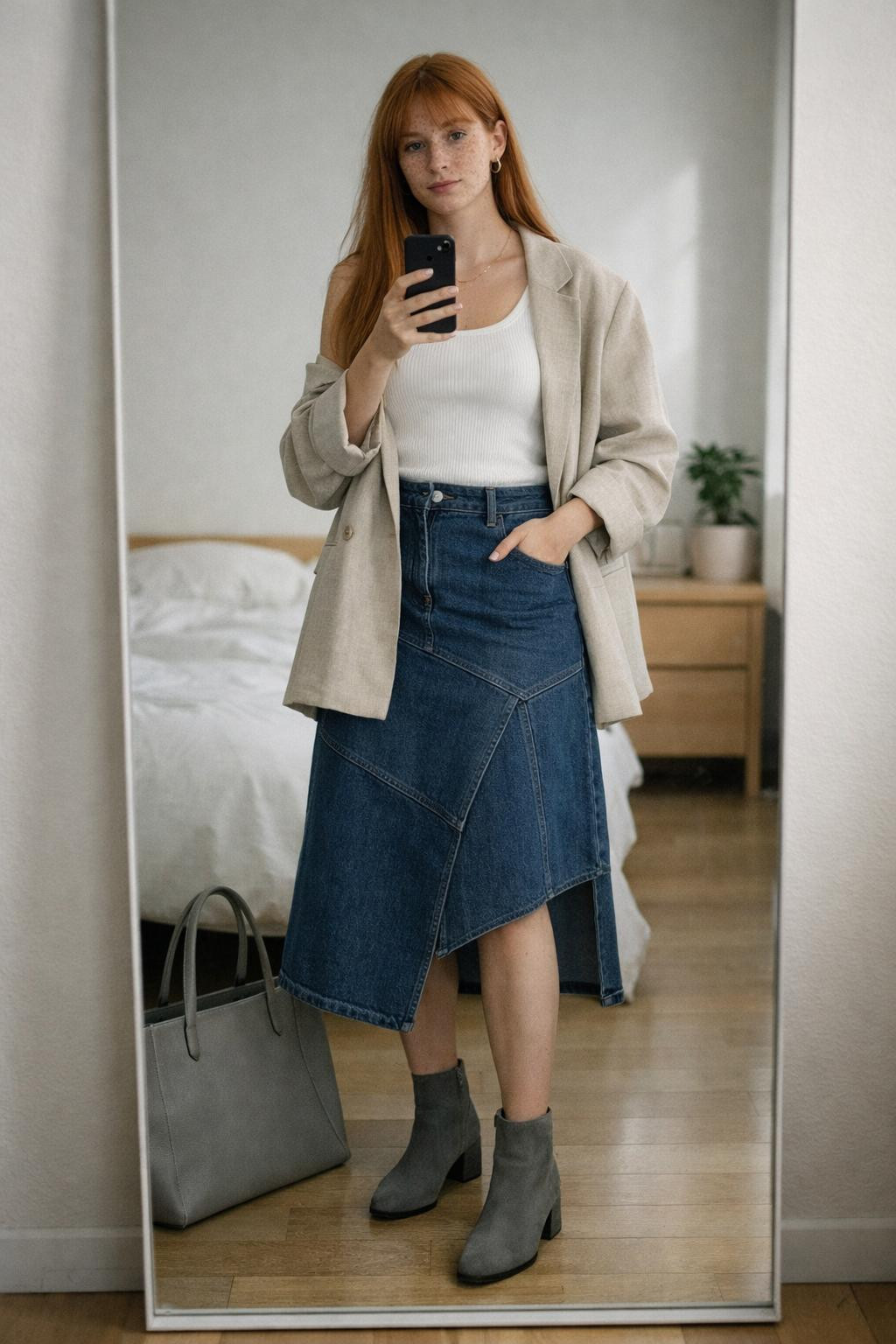 Jeans skirt outfit with architectural denim and oversized blazer