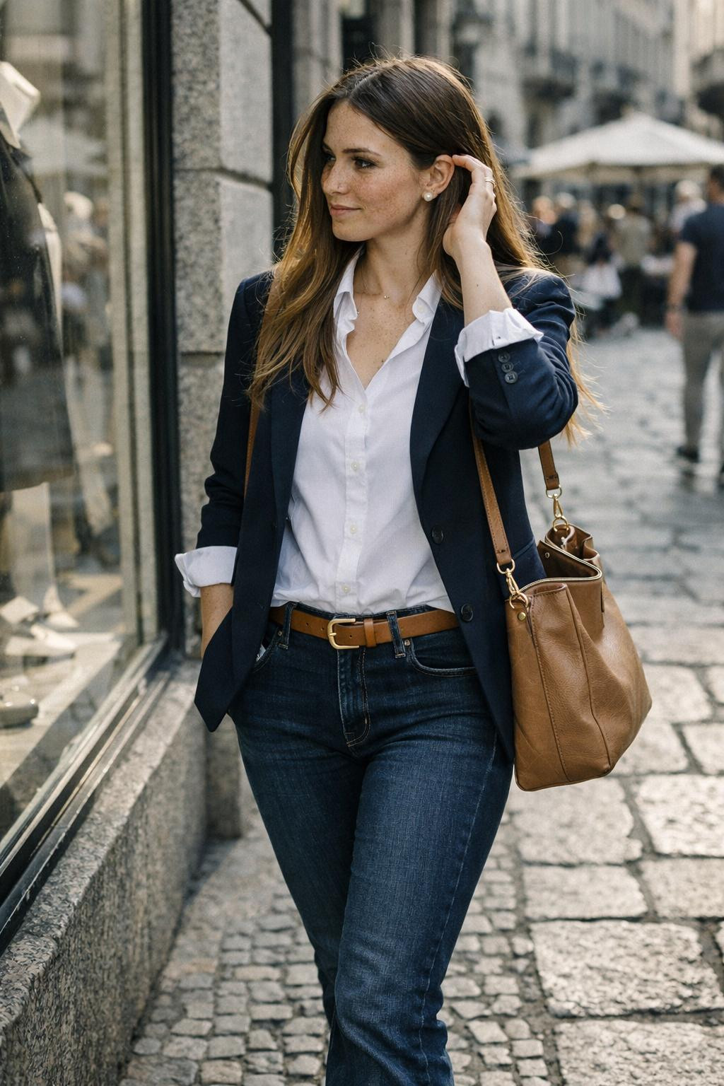 Low rise jeans outfit with white button-down and navy blazer for sophisticated style