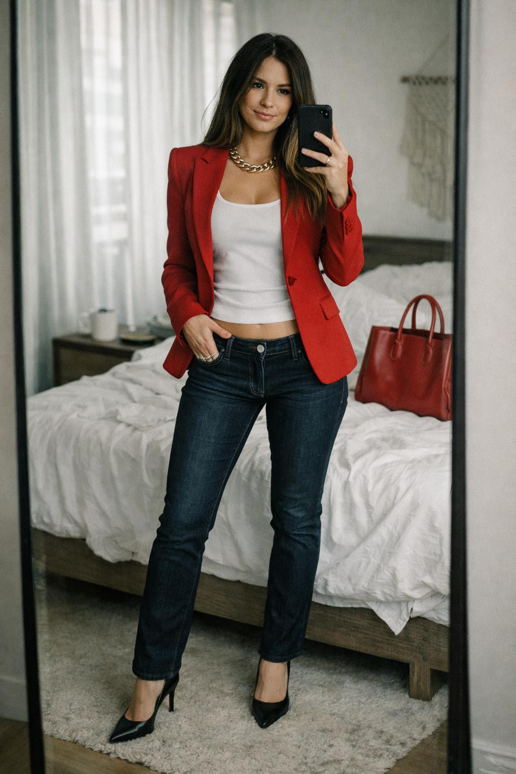 Low rise jeans outfit with white tank and bold red blazer