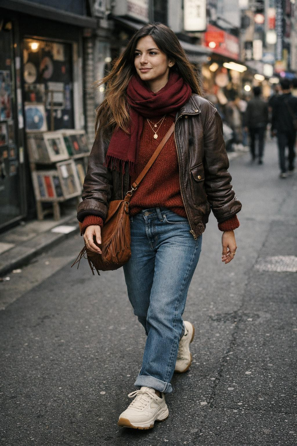 Low rise jeans outfit with rust knit and brown leather bomber jacket
