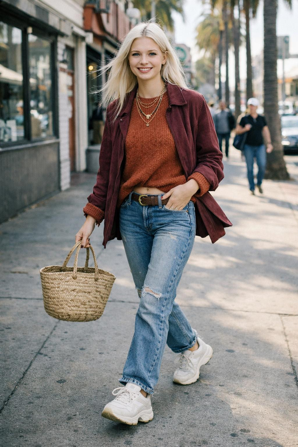 Low rise jeans outfit with rust knit sweater and burgundy suede jacket