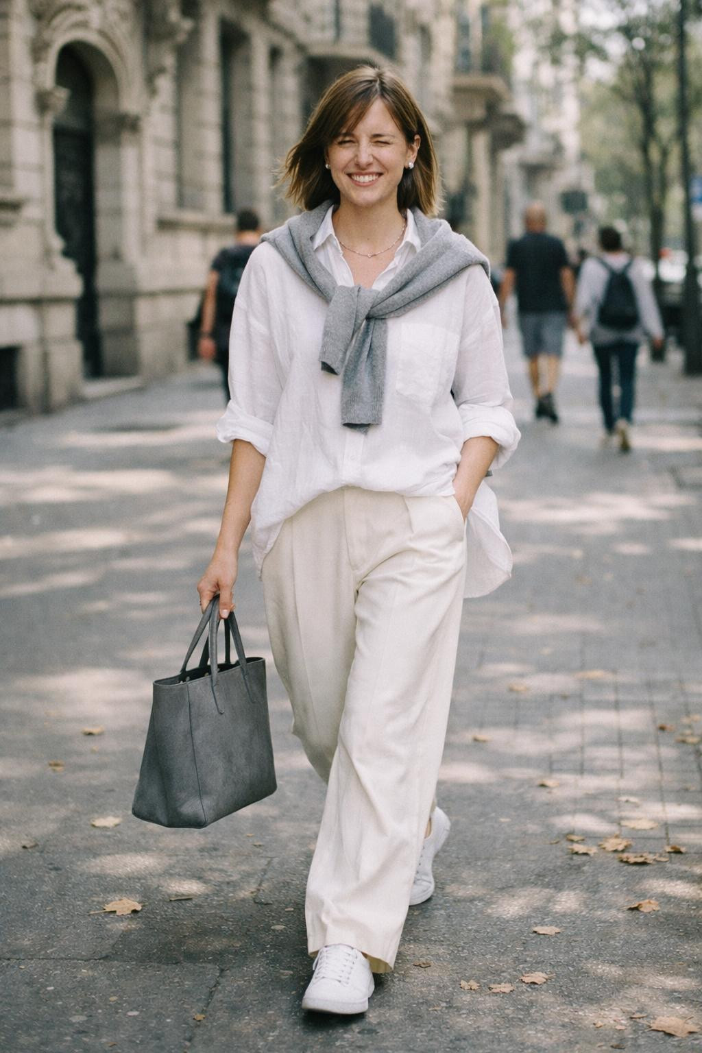 Korean casual outfits with white linen shirt and cream trousers