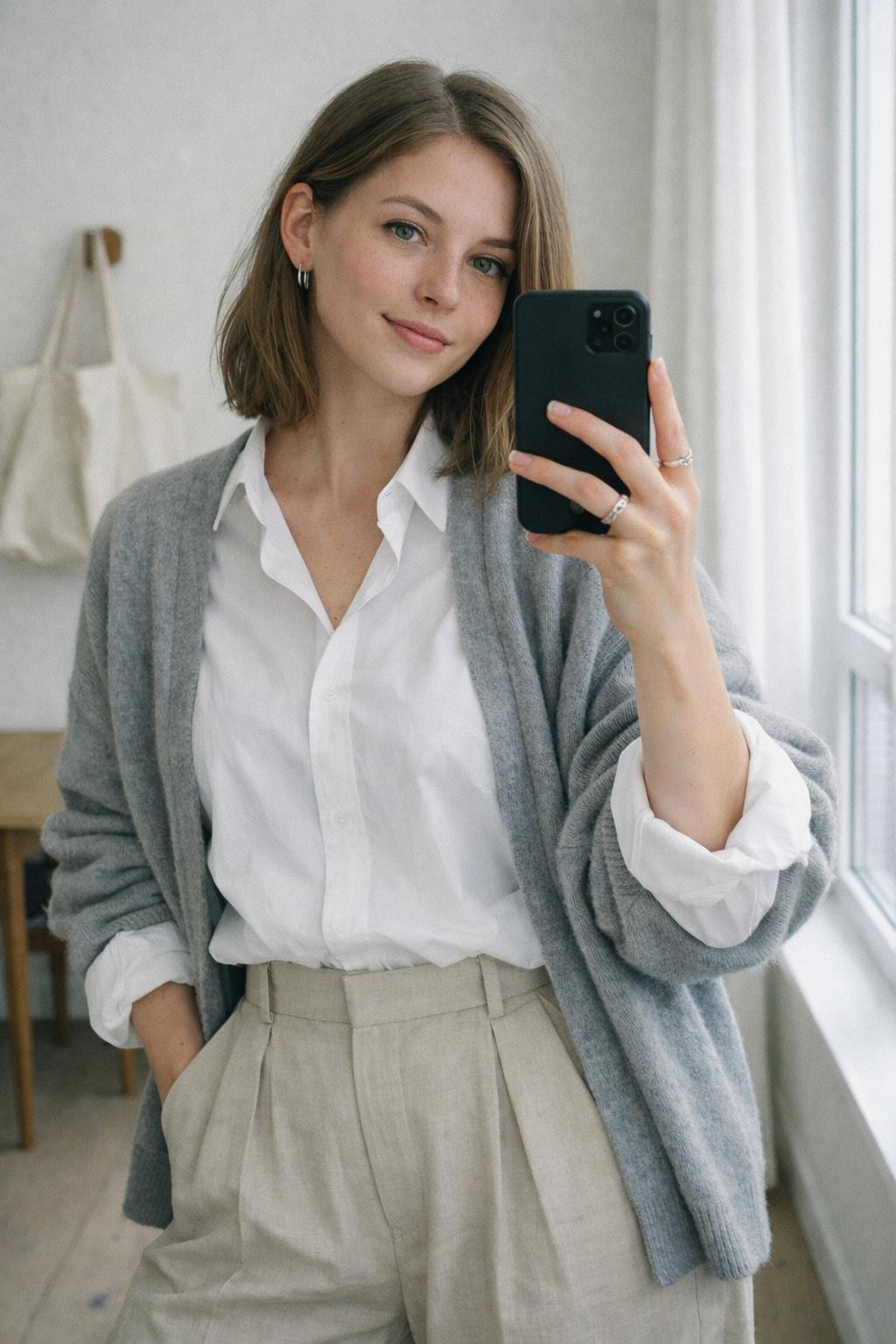 Korean casual outfits with white shirt and beige linen trousers