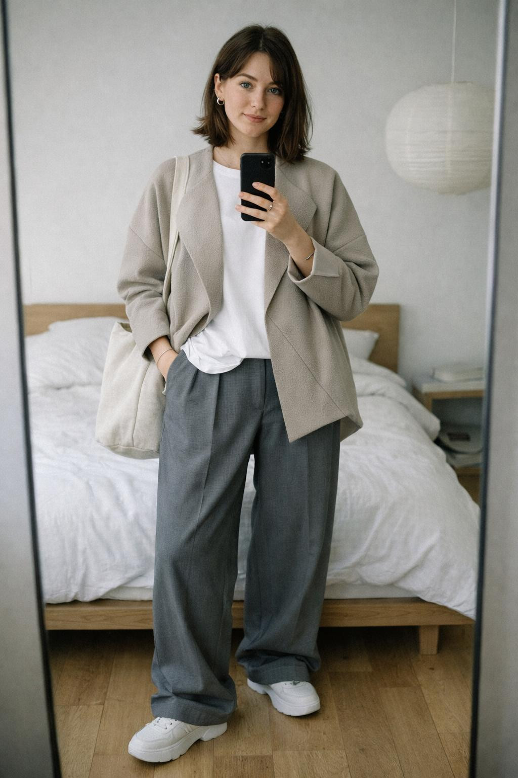 Korean casual outfits with beige longline cardigan and grey trousers