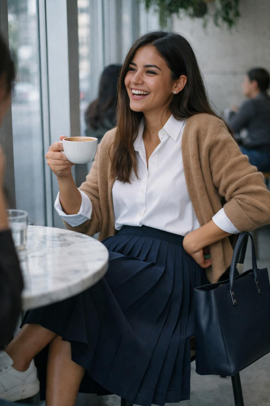 Korean casual outfits with white blouse and navy pleated skirt