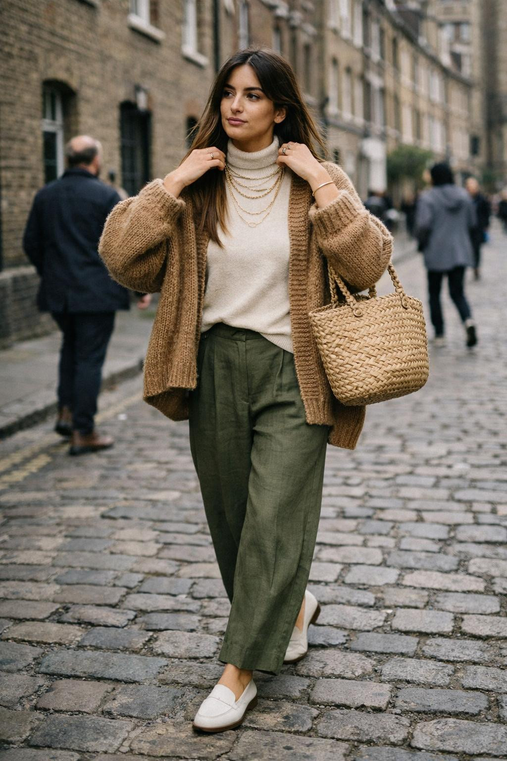 Korean casual outfits with tan cardigan and olive trousers