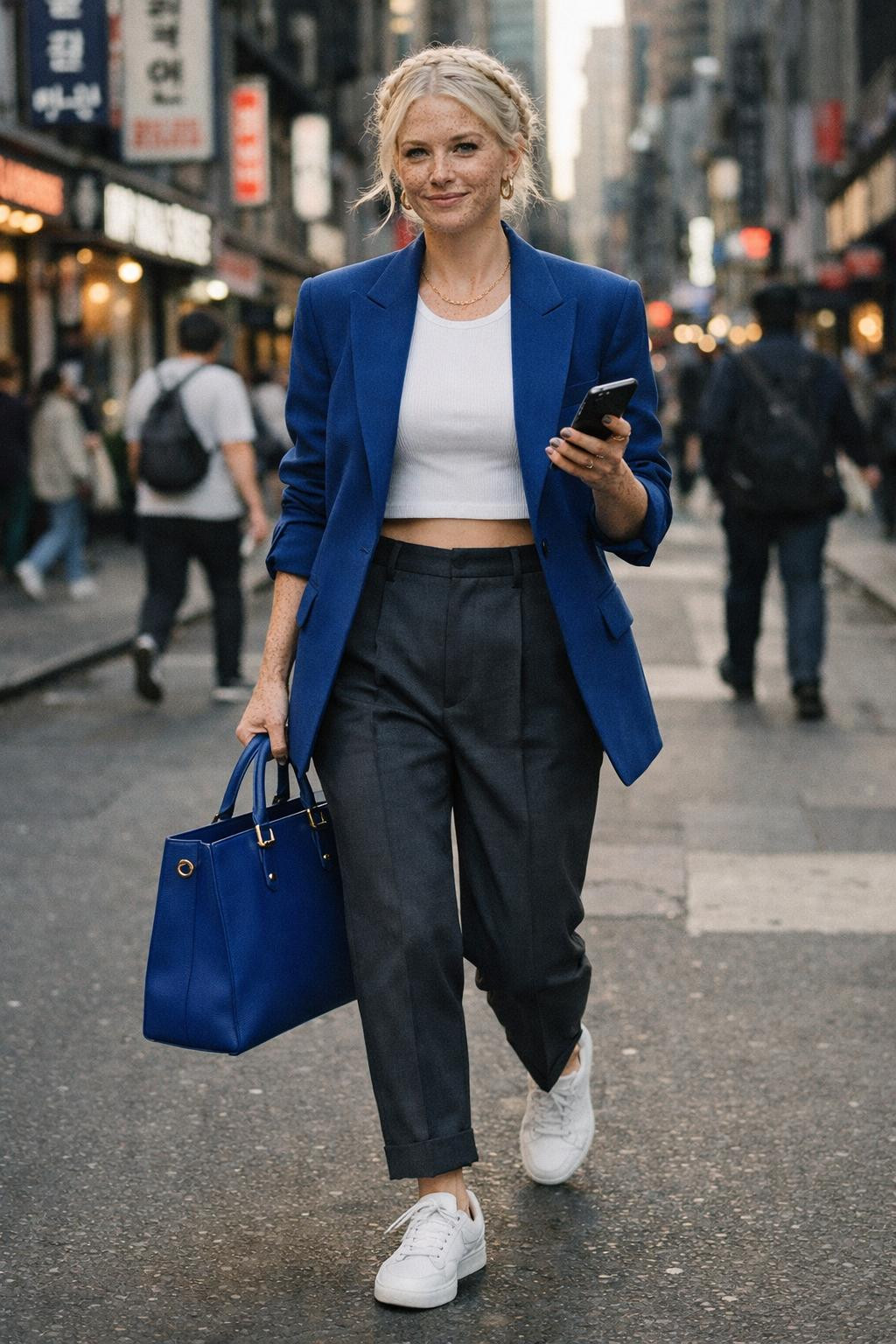Korean casual outfits with cobalt blue blazer and grey trousers