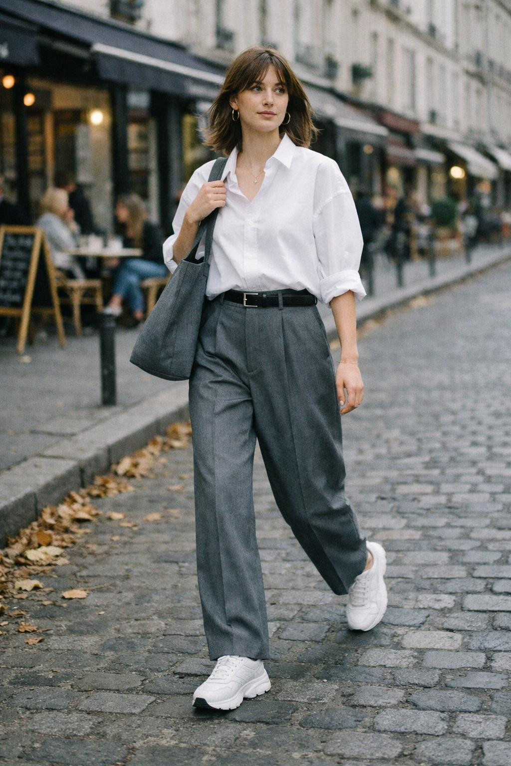 Korean casual outfits with white poplin shirt and grey trousers