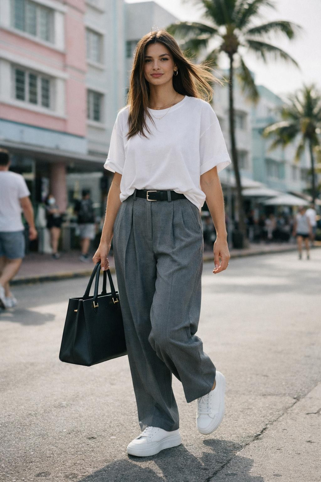 Korean casual outfits with white tee and grey wide-leg pants