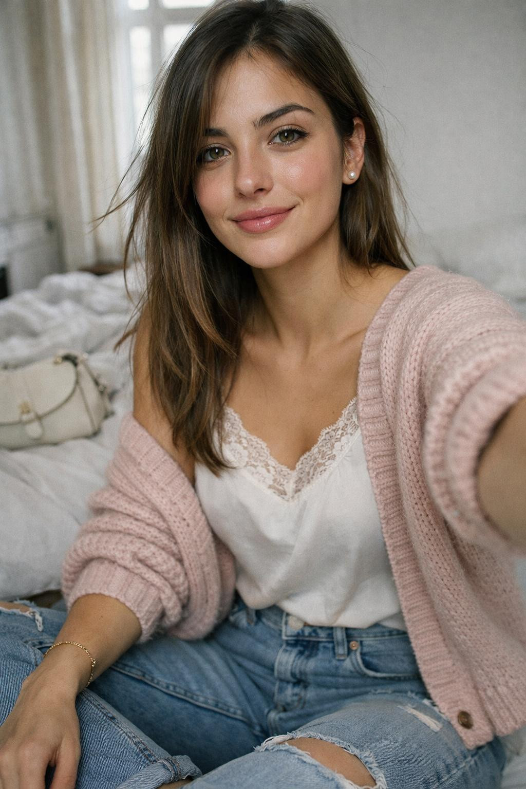 Korean casual outfits with blush pink cardigan and denim