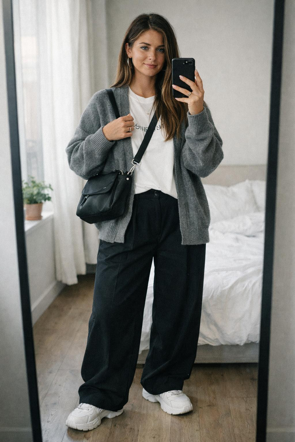 Korean casual outfits with grey cardigan and white graphic tee