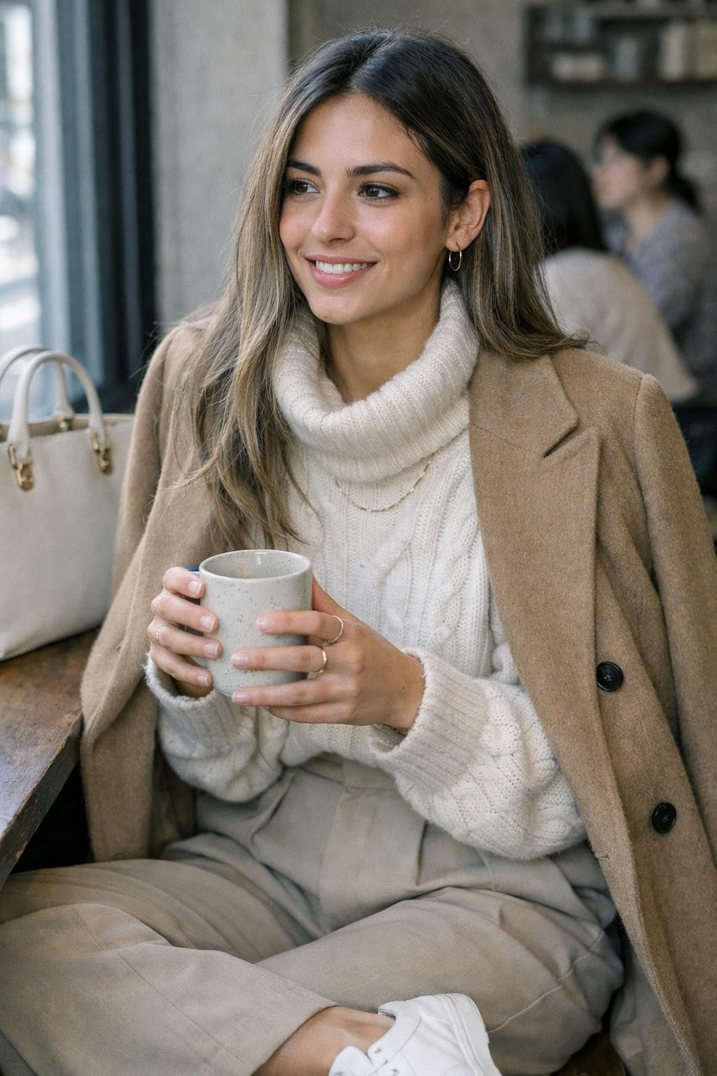 Korean casual outfits with cream cashmere and beige trousers