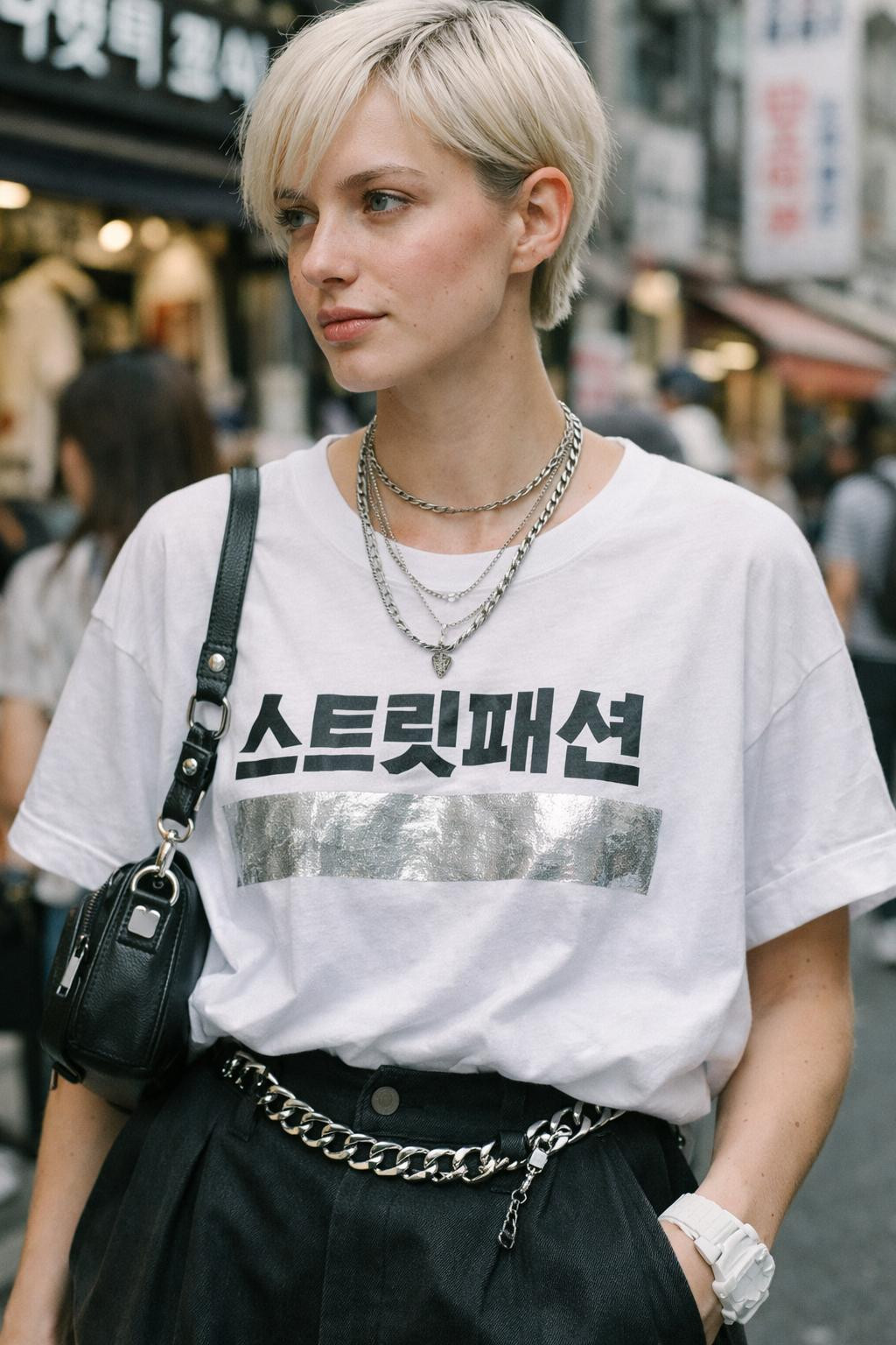 Korean casual outfits with graphic tee and wide-leg trousers