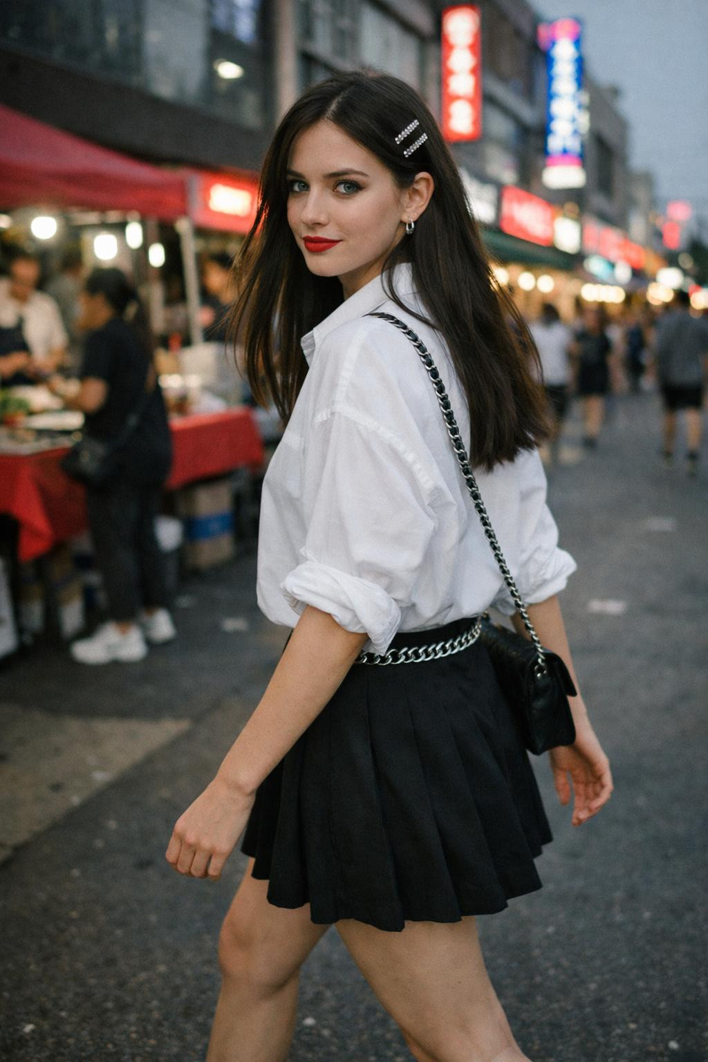 Korean casual outfits with white shirt and black pleated skirt