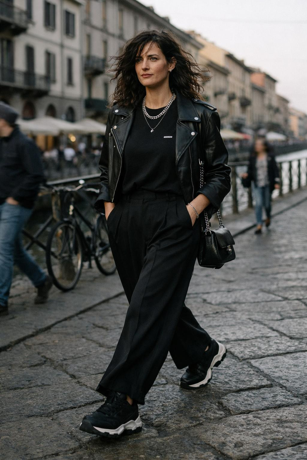 Korean casual outfits with black moto jacket and wide-leg pants