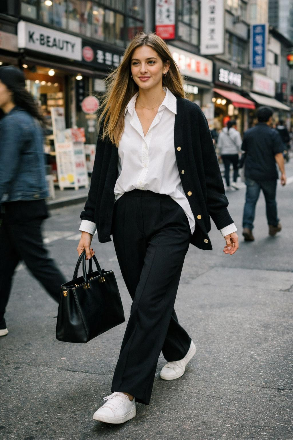 Korean casual outfits with black trousers and white poplin shirt
