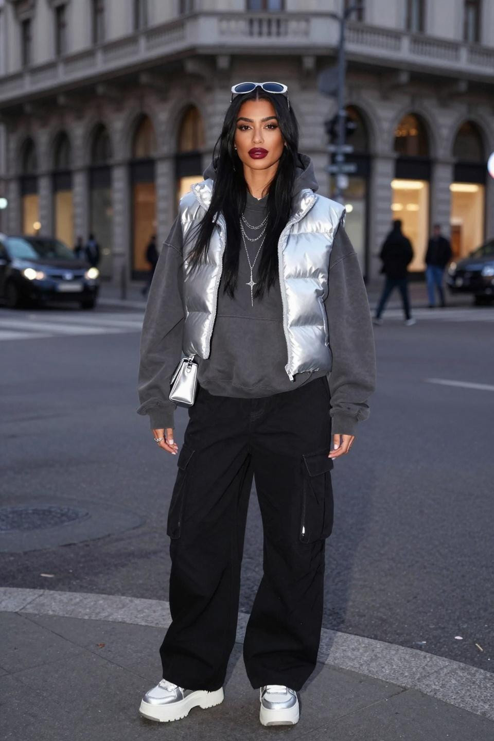 Korean street fashion charcoal hoodie with metallic silver puffer vest