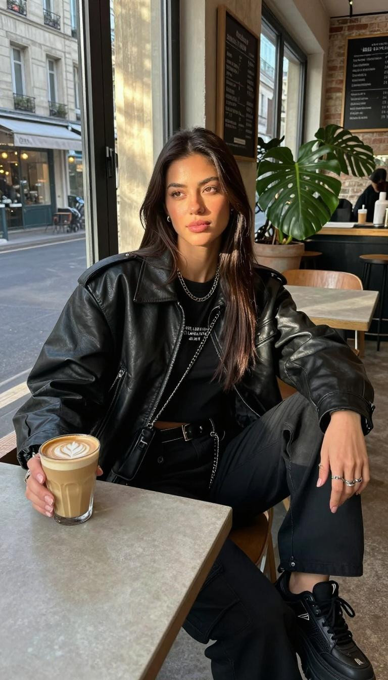Korean street fashion oversized black leather jacket with cargo pants