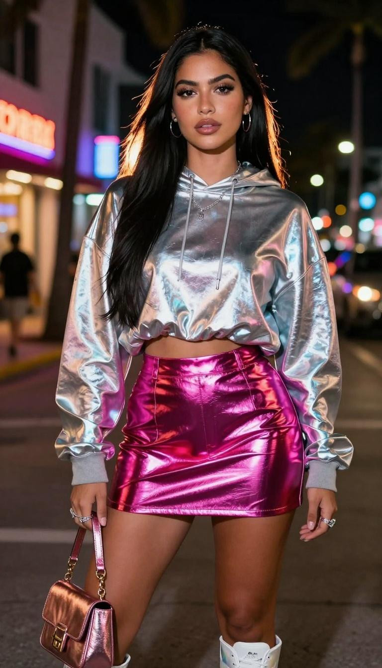 Korean street fashion metallic silver hoodie with fuchsia skirt