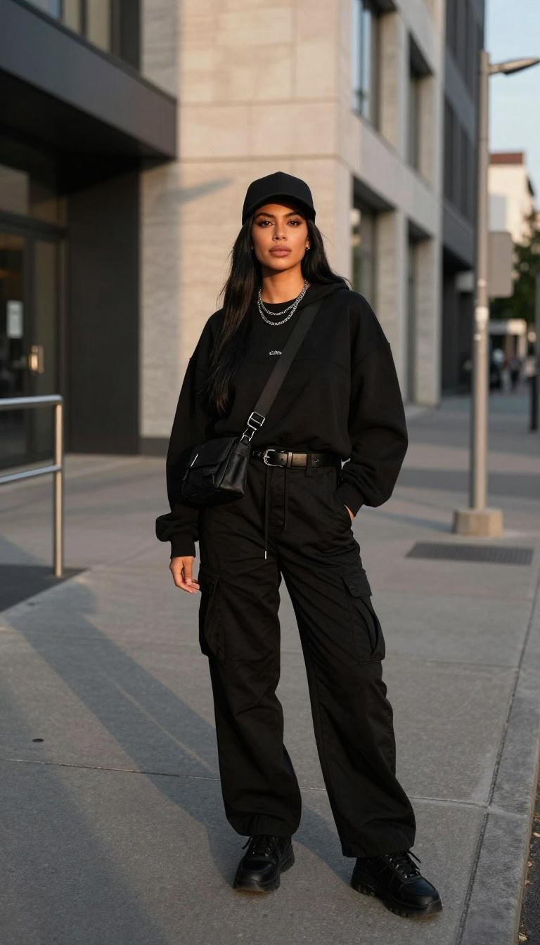 Korean street fashion black hoodie with silver chain belt